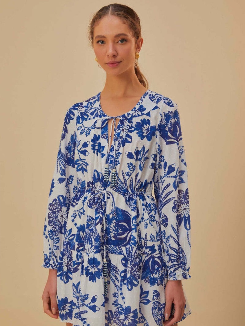 Farm Rio off white flowerful birds long sleeve mini dress